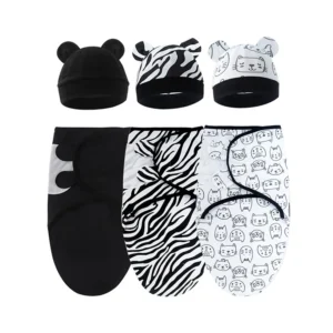 Set of 3 newborn swaddle blankets and baby hats, aged 0-3 months