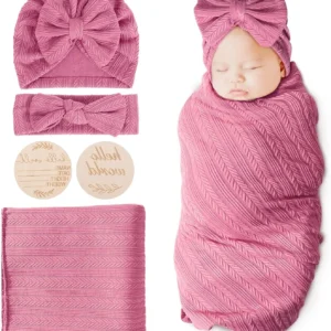 Newborn Receiving Blanket with Bow Hat Headband Wooden Card Set - Thumbnail Image 4