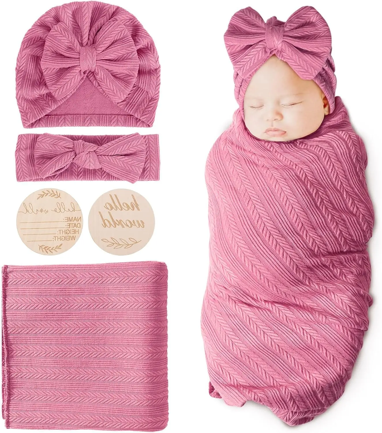 Newborn Receiving Blanket with Bow Hat Headband Wooden Card Set - Image 4