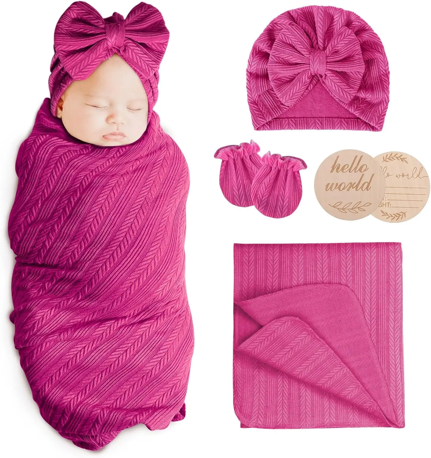 Newborn Receiving Blanket with Bow Hat Headband Wooden Card Set - Image 21