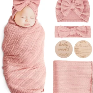Newborn Receiving Blanket with Bow Hat Headband Wooden Card Set - Thumbnail Image 31