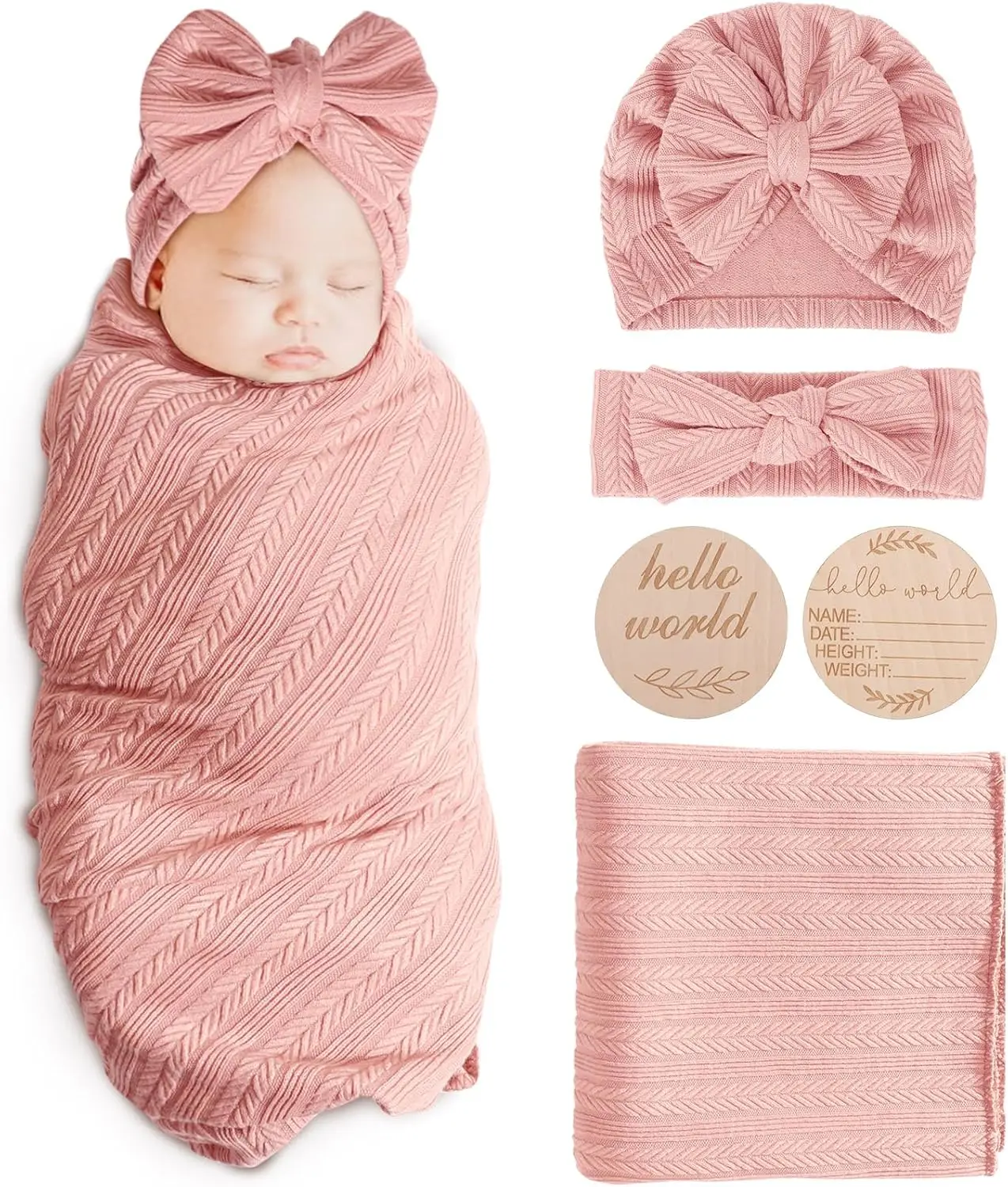 Newborn Receiving Blanket with Bow Hat Headband Wooden Card Set - Image 31