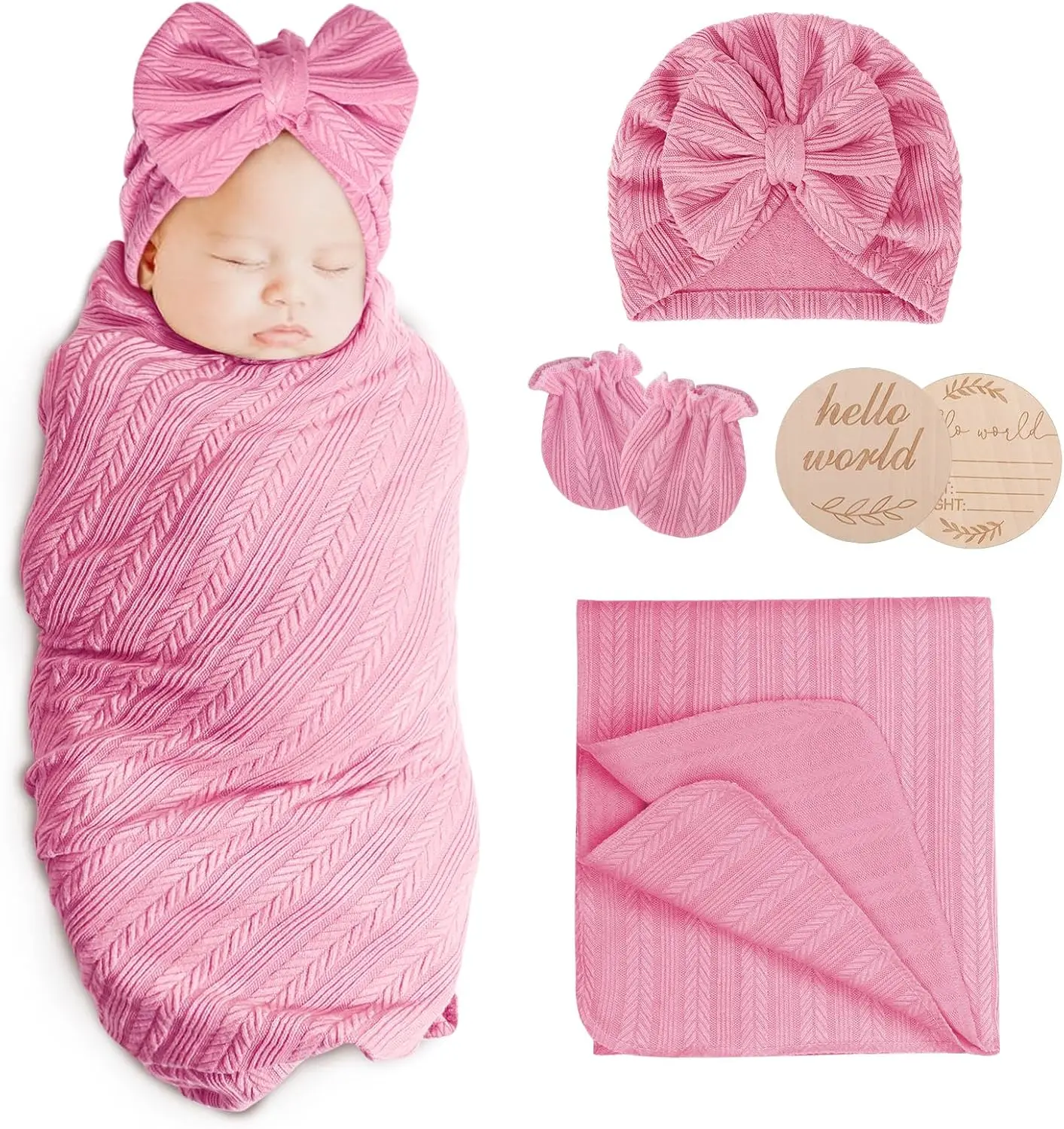 Newborn Receiving Blanket with Bow Hat Headband Wooden Card Set - Image 8