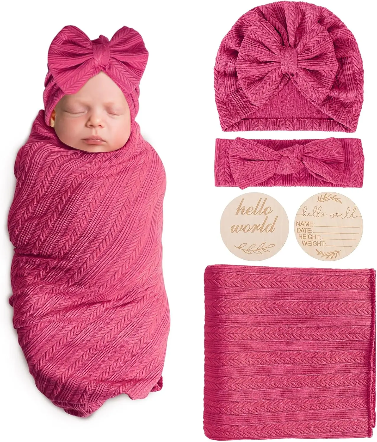 Newborn Receiving Blanket with Bow Hat Headband Wooden Card Set - Image 10