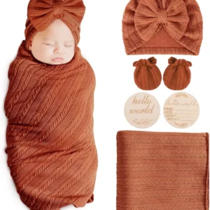 Newborn Receiving Blanket with Bow Hat Headband Wooden Card Set - Thumbnail Image 6