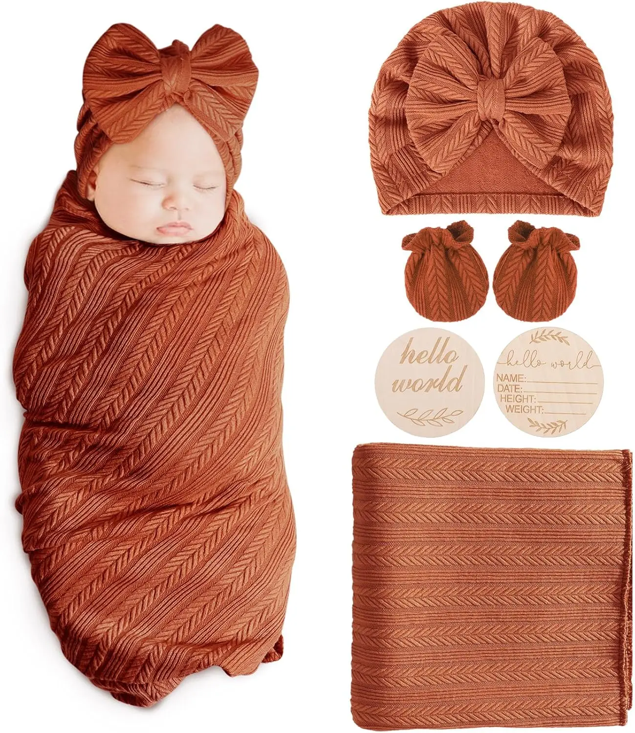 Newborn Receiving Blanket with Bow Hat Headband Wooden Card Set - Image 6