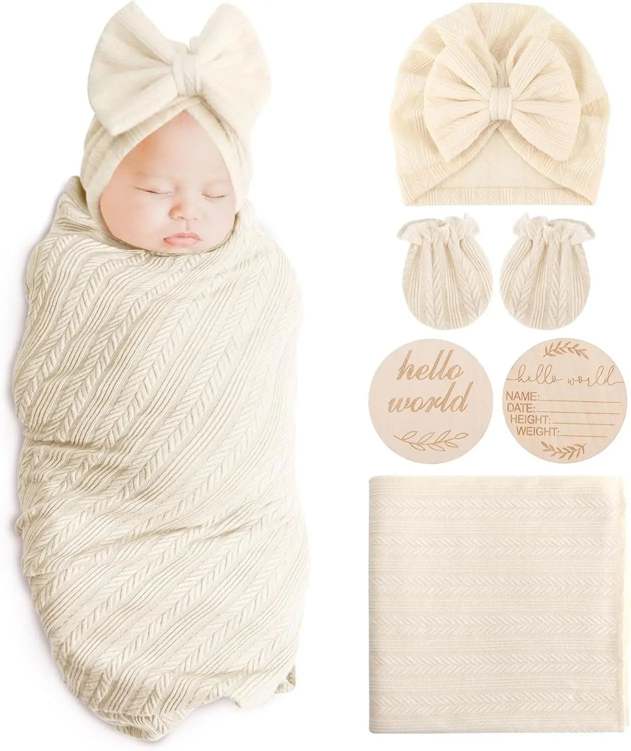Newborn Receiving Blanket with Bow Hat Headband Wooden Card Set - Image 12