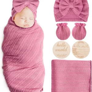 Newborn Receiving Blanket with Bow Hat Headband Wooden Card Set - Thumbnail Image 17