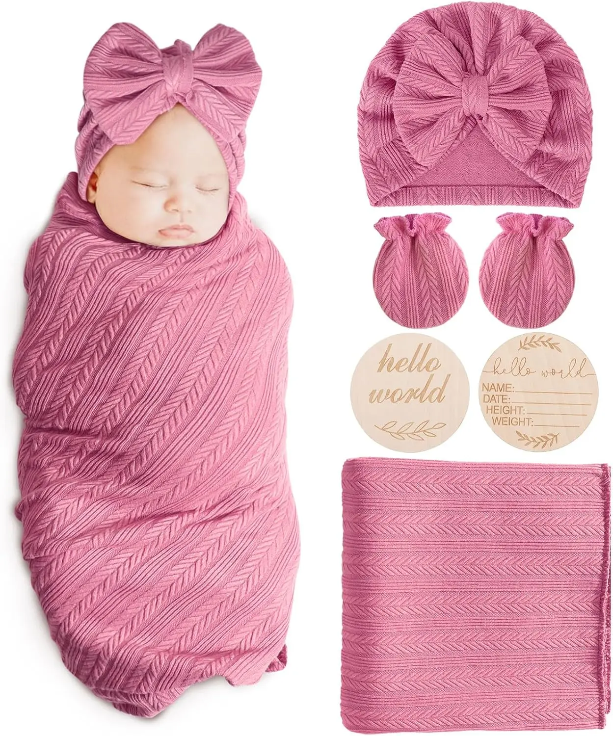 Newborn Receiving Blanket with Bow Hat Headband Wooden Card Set - Image 17