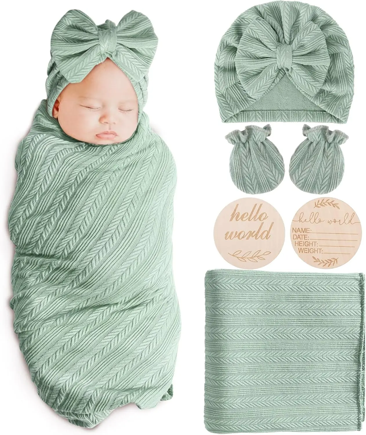 Newborn Receiving Blanket with Bow Hat Headband Wooden Card Set - Image 24