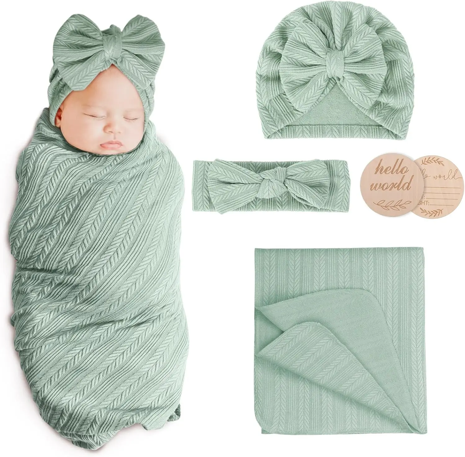 Newborn Receiving Blanket with Bow Hat Headband Wooden Card Set - Image 28