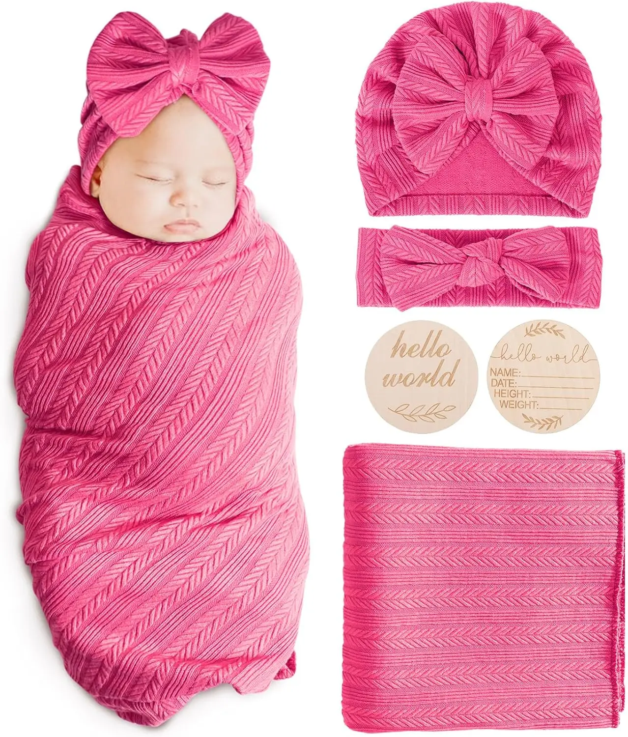 Newborn Receiving Blanket with Bow Hat Headband Wooden Card Set - Image 26