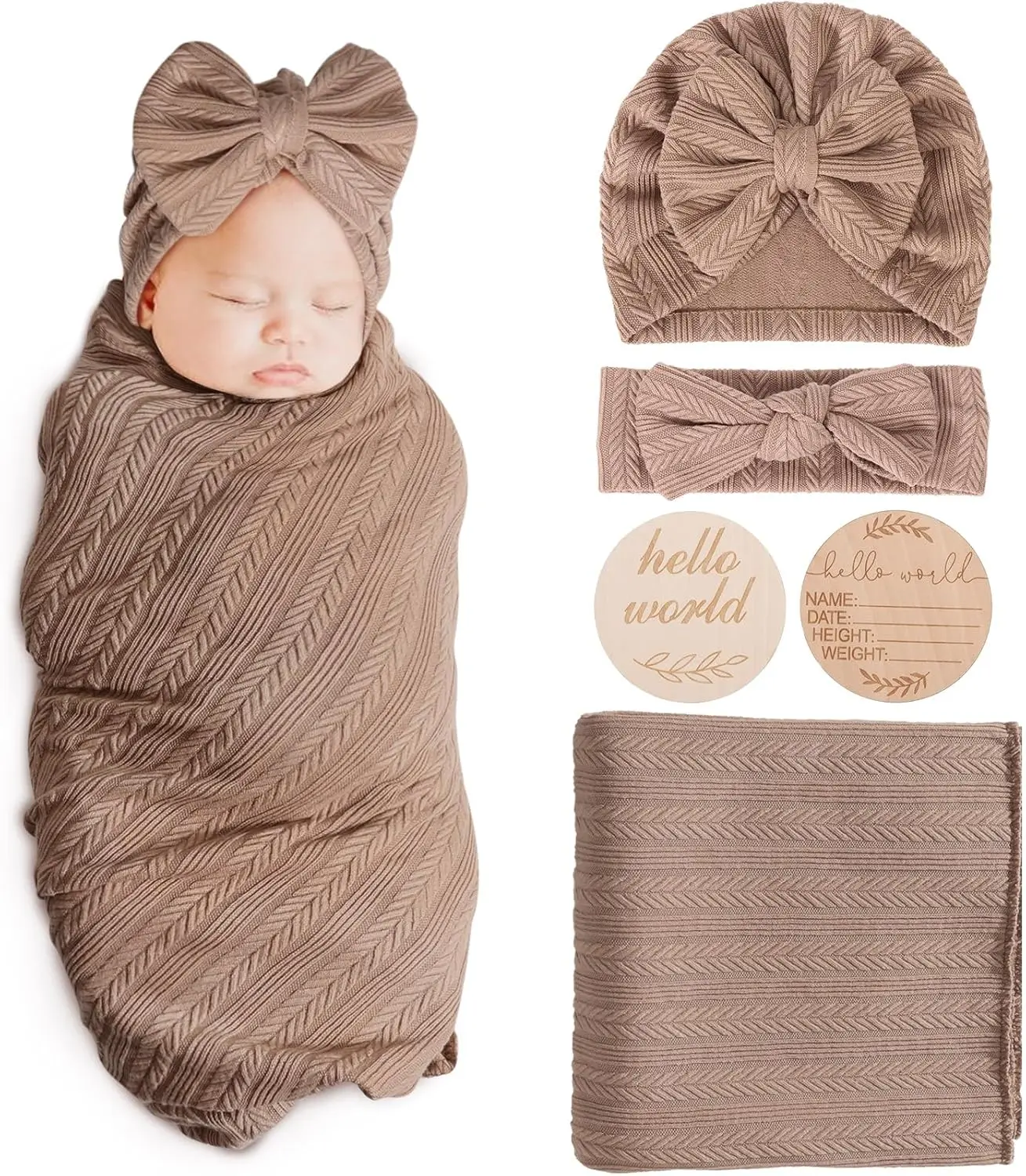Newborn Receiving Blanket with Bow Hat Headband Wooden Card Set - Image 27