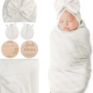 Newborn Receiving Blanket with Bow Hat Headband Wooden Card Set - Thumbnail Image 16