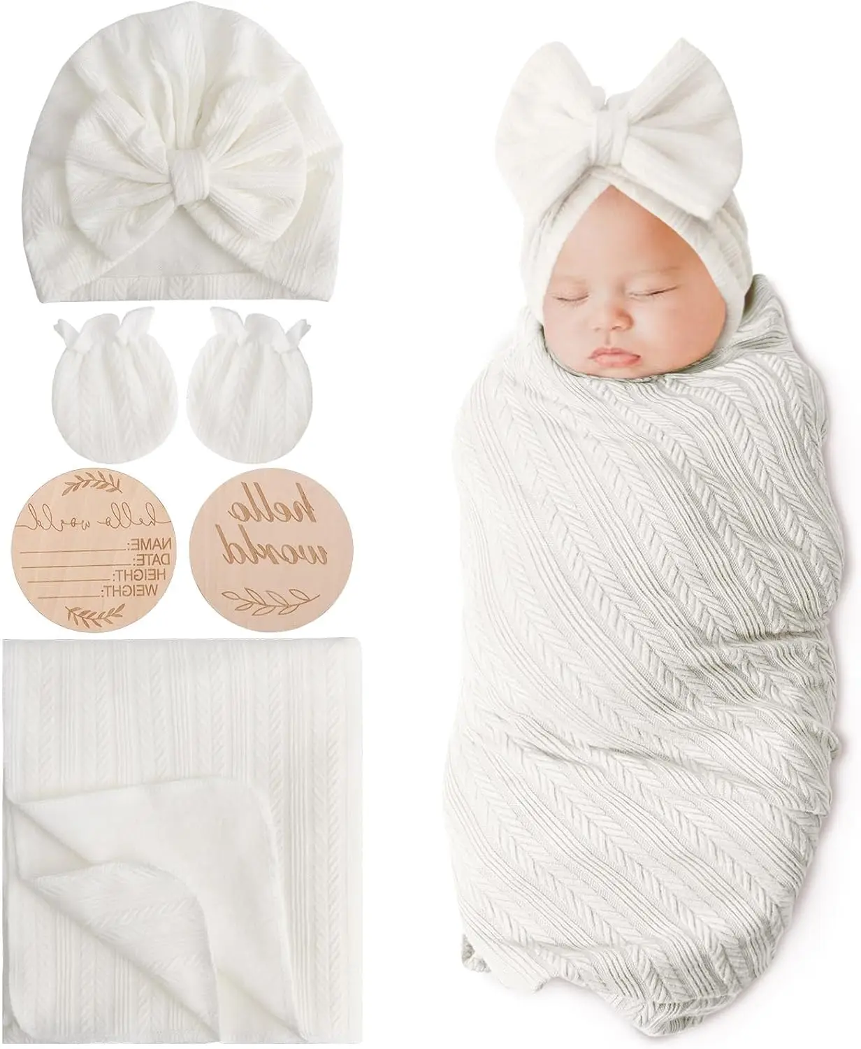 Newborn Receiving Blanket with Bow Hat Headband Wooden Card Set - Image 16