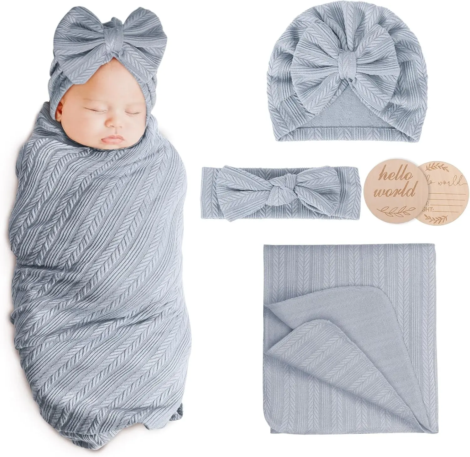 Newborn Receiving Blanket with Bow Hat Headband Wooden Card Set - Image 29