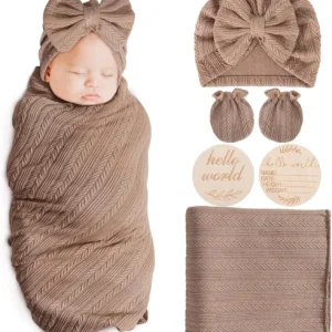 Newborn Receiving Blanket with Bow Hat Headband Wooden Card Set - Thumbnail Image 9