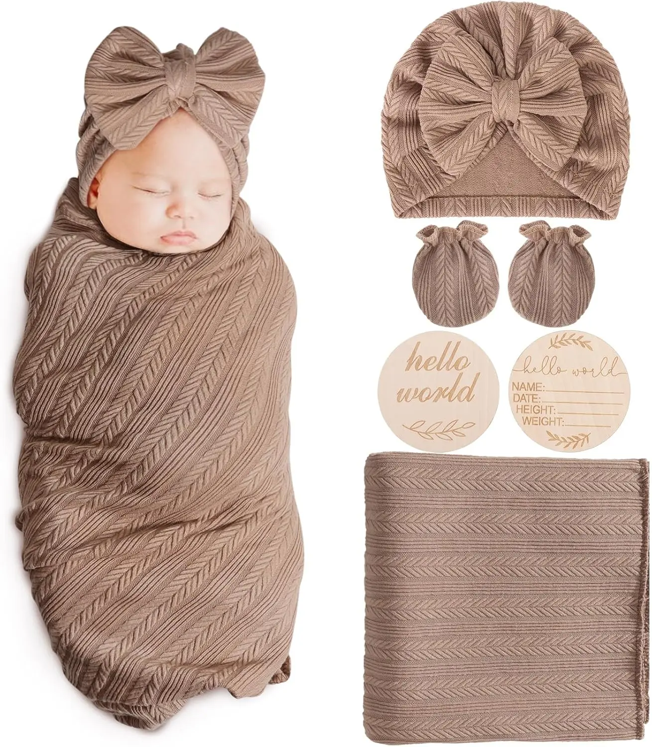 Newborn Receiving Blanket with Bow Hat Headband Wooden Card Set - Image 9