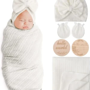 Newborn Receiving Blanket with Bow Hat Headband Wooden Card Set - Thumbnail Image 23