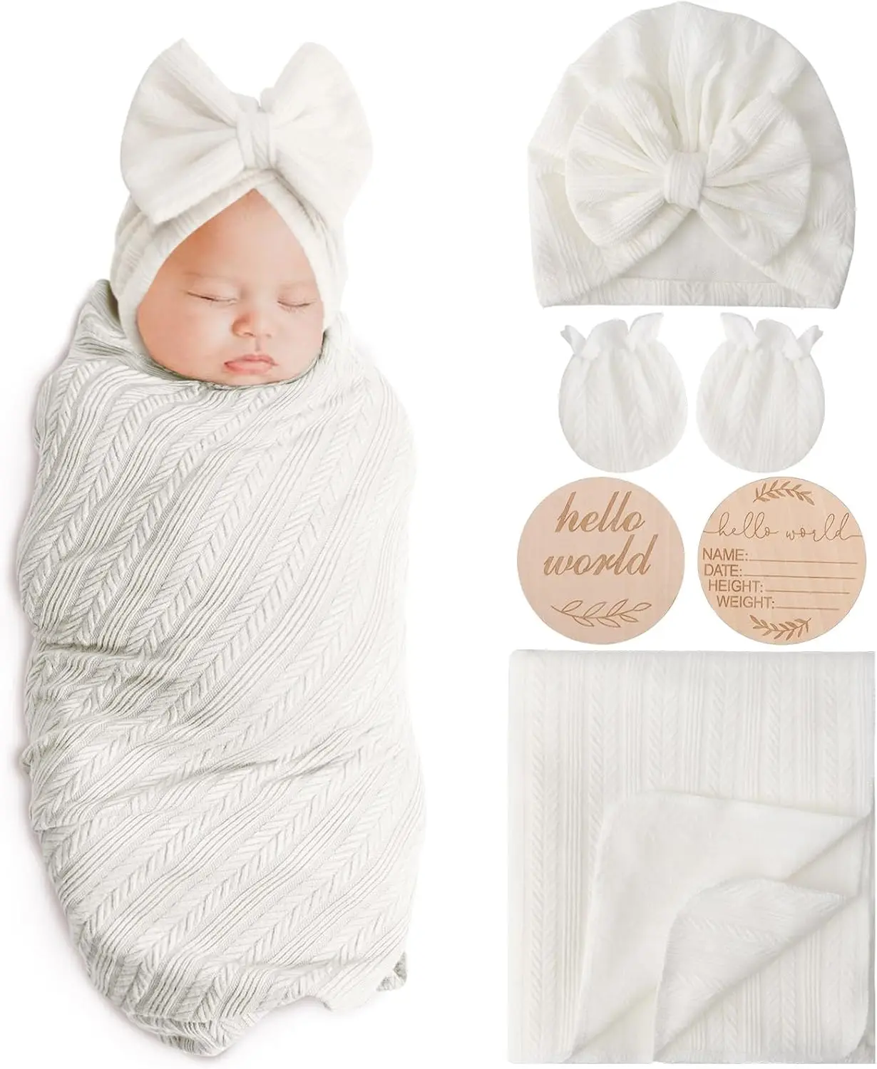 Newborn Receiving Blanket with Bow Hat Headband Wooden Card Set - Image 23