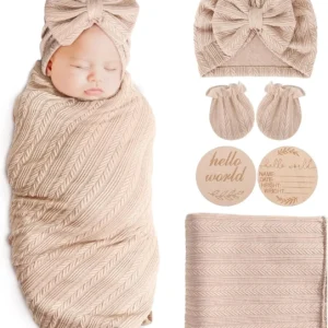 Newborn Receiving Blanket with Bow Hat Headband Wooden Card Set - Thumbnail Image 18