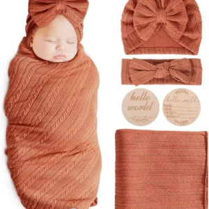 Newborn Receiving Blanket with Bow Hat Headband Wooden Card Set - Thumbnail Image 32