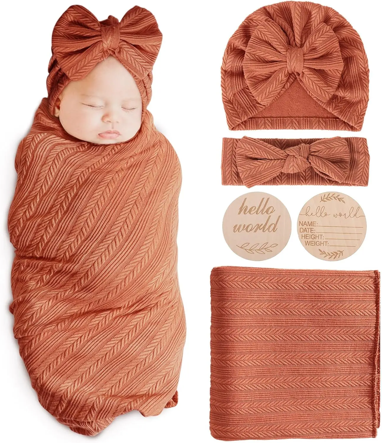 Newborn Receiving Blanket with Bow Hat Headband Wooden Card Set - Image 32