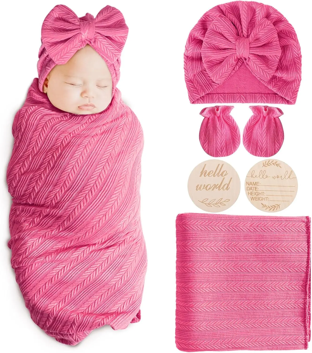 Newborn Receiving Blanket with Bow Hat Headband Wooden Card Set - Image 19