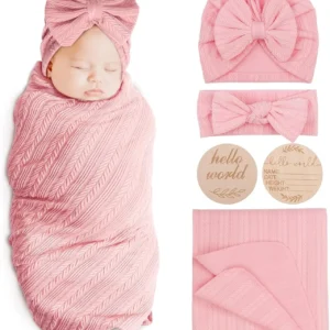 Newborn Receiving Blanket with Bow Hat Headband Wooden Card Set - Thumbnail Image 2