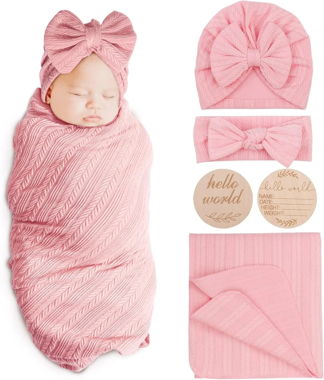 Newborn Receiving Blanket with Bow Hat Headband Wooden Card Set - Image 2