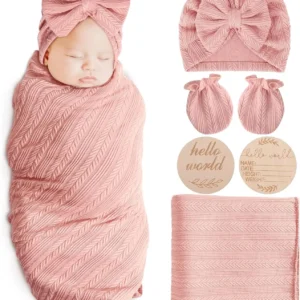 Newborn Receiving Blanket with Bow Hat Headband Wooden Card Set - Thumbnail Image 13
