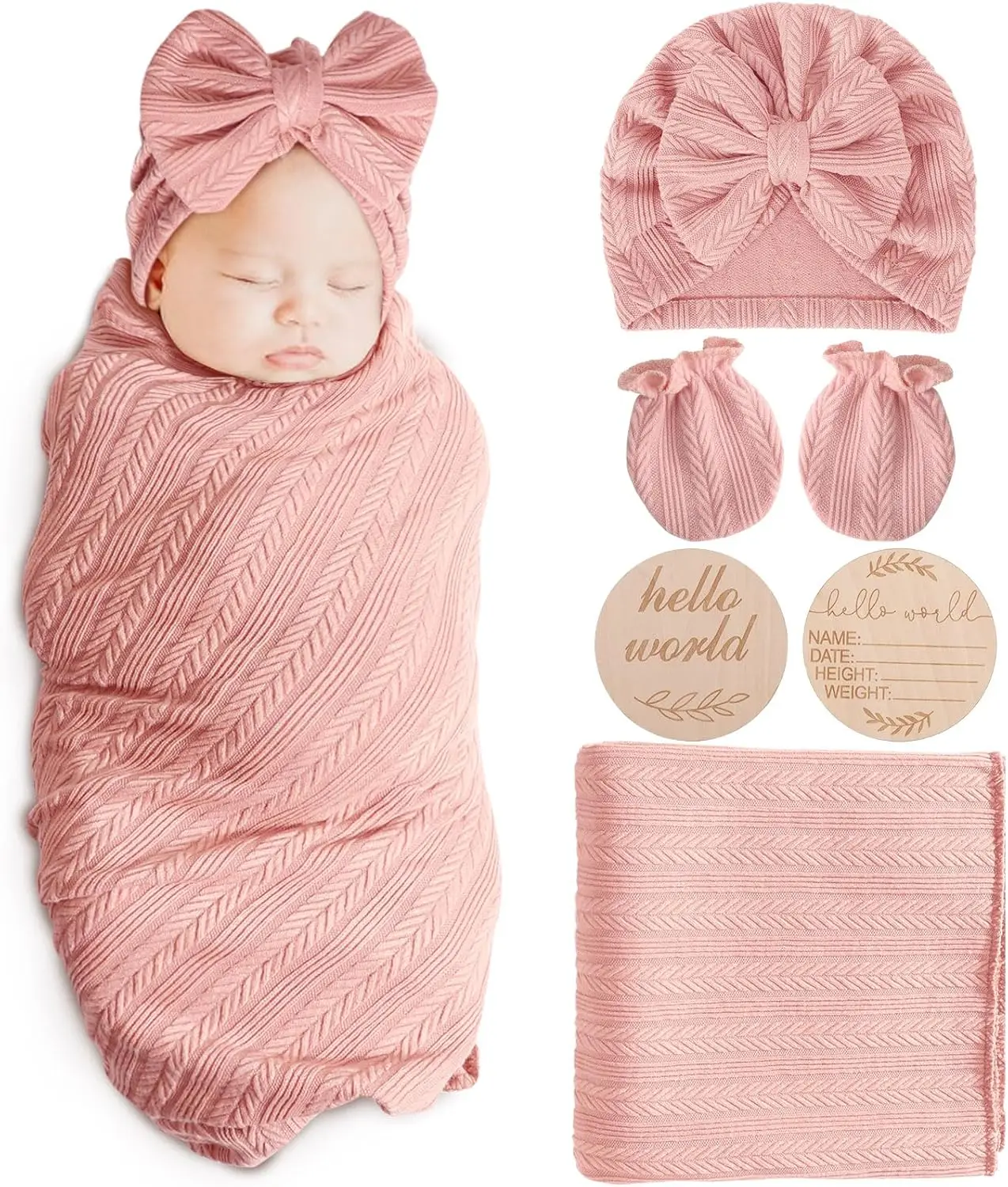 Newborn Receiving Blanket with Bow Hat Headband Wooden Card Set - Image 13