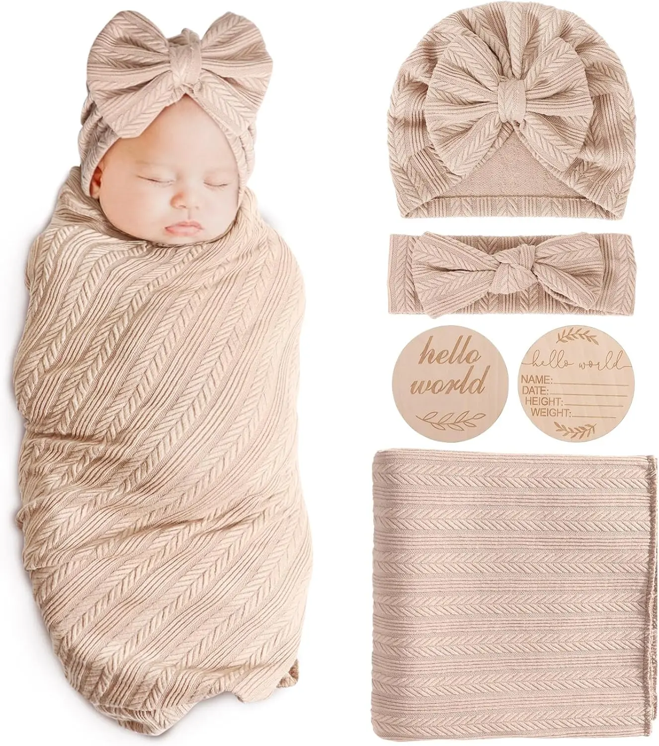 Newborn Receiving Blanket with Bow Hat Headband Wooden Card Set - Image 25