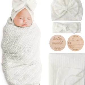 Newborn Receiving Blanket with Bow Hat Headband Wooden Card Set