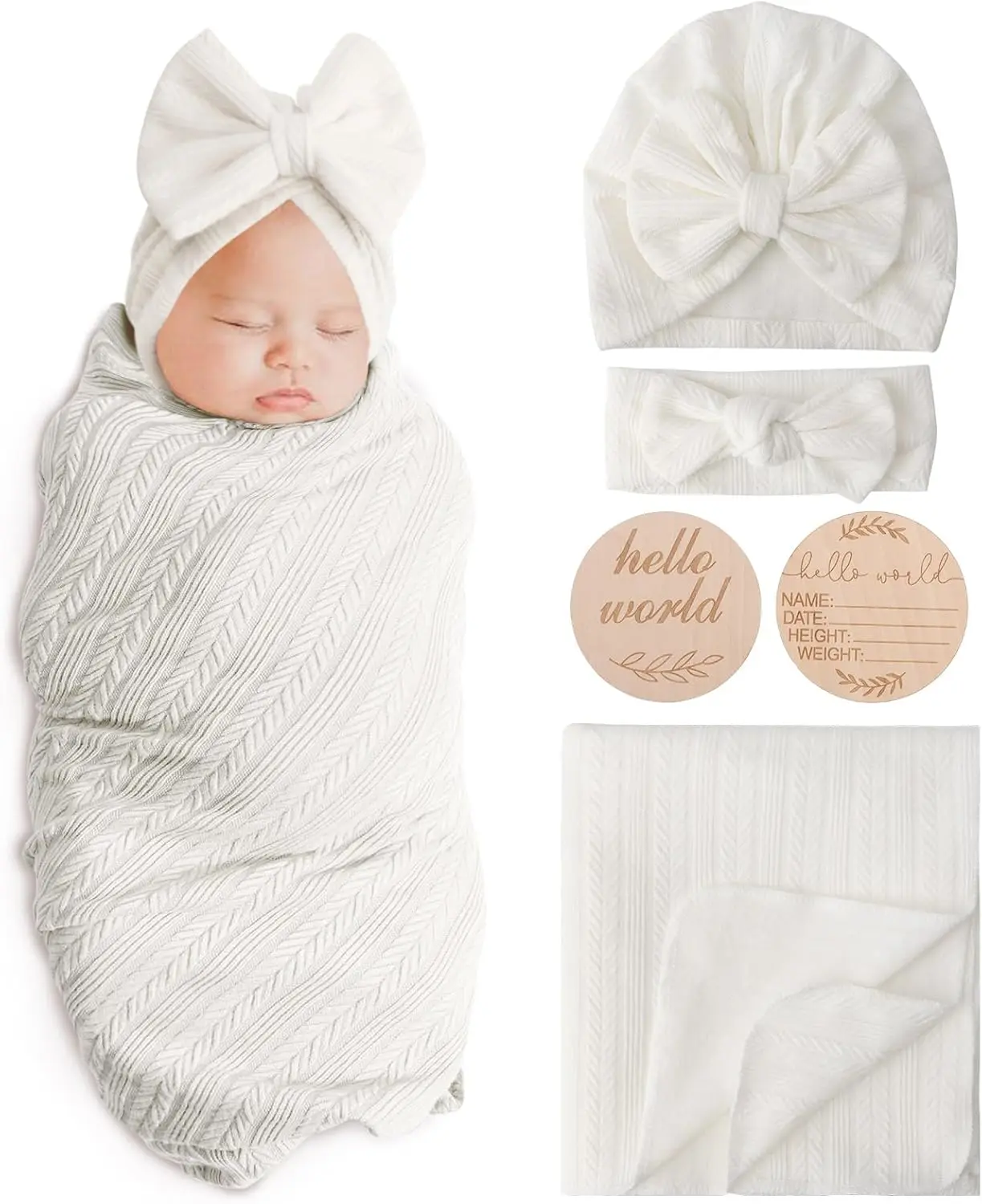 Newborn Receiving Blanket with Bow Hat Headband Wooden Card Set - Image 1