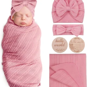 Newborn Receiving Blanket with Bow Hat Headband Wooden Card Set - Thumbnail Image 11