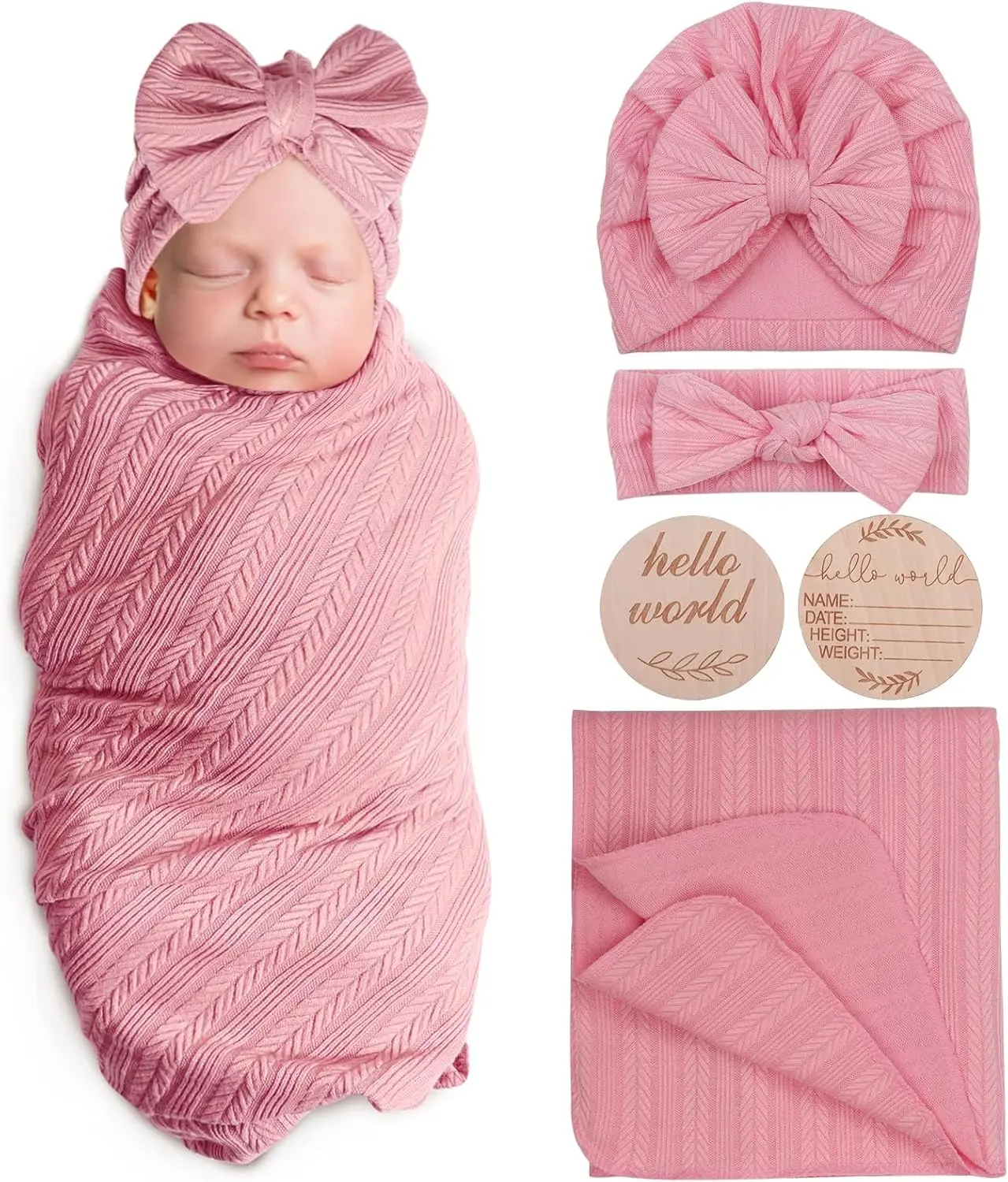 Newborn Receiving Blanket with Bow Hat Headband Wooden Card Set - Image 11