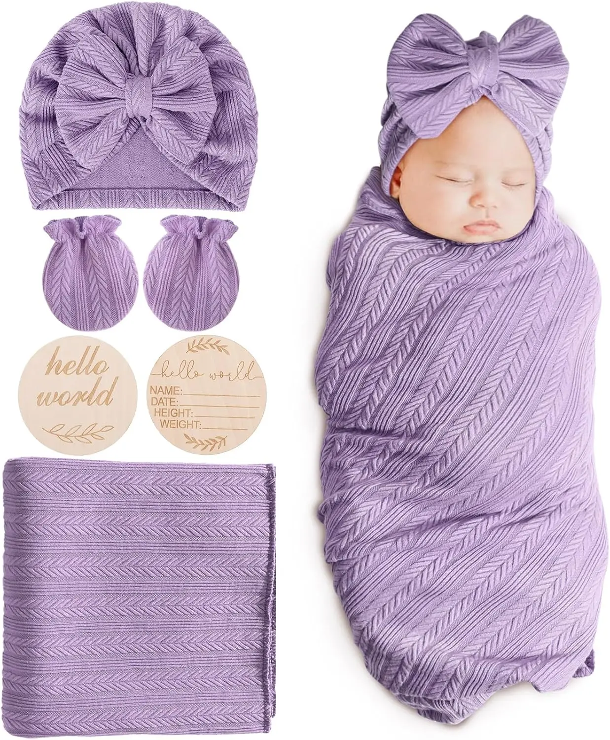 Newborn Receiving Blanket with Bow Hat Headband Wooden Card Set - Image 14