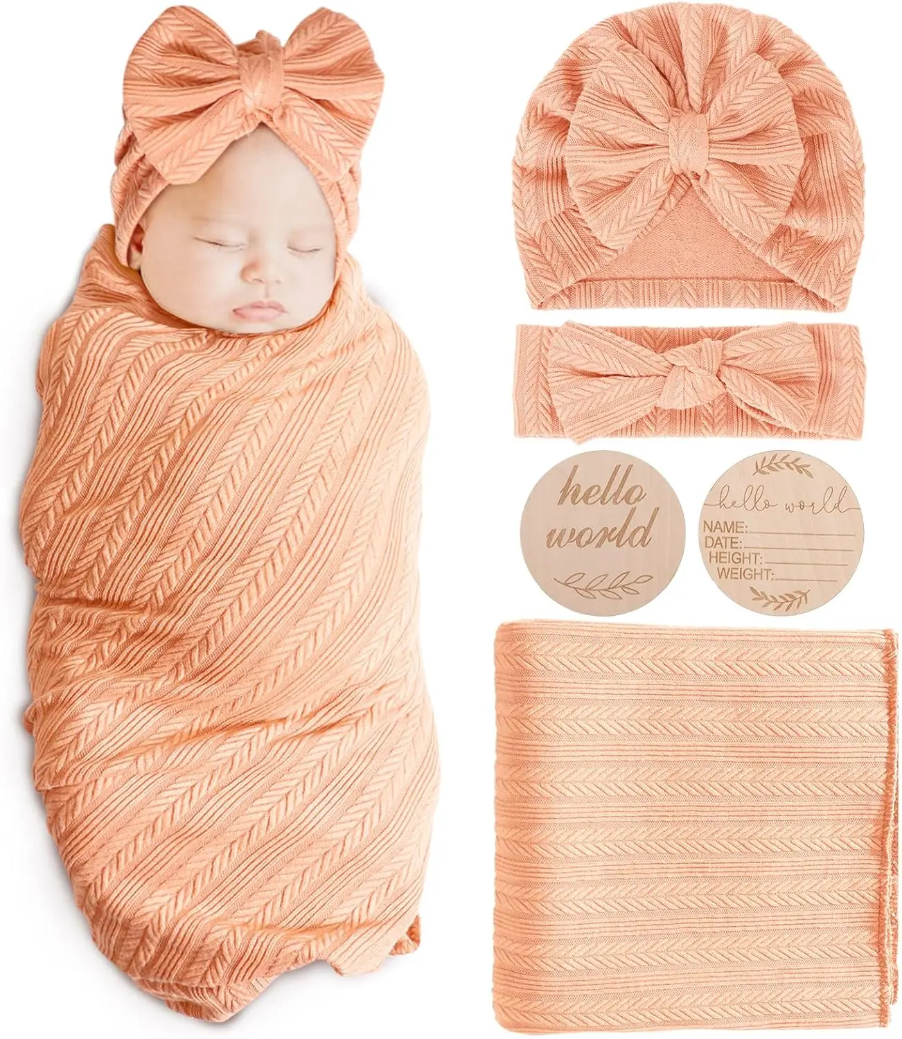 Newborn Receiving Blanket with Bow Hat Headband Wooden Card Set - Image 5