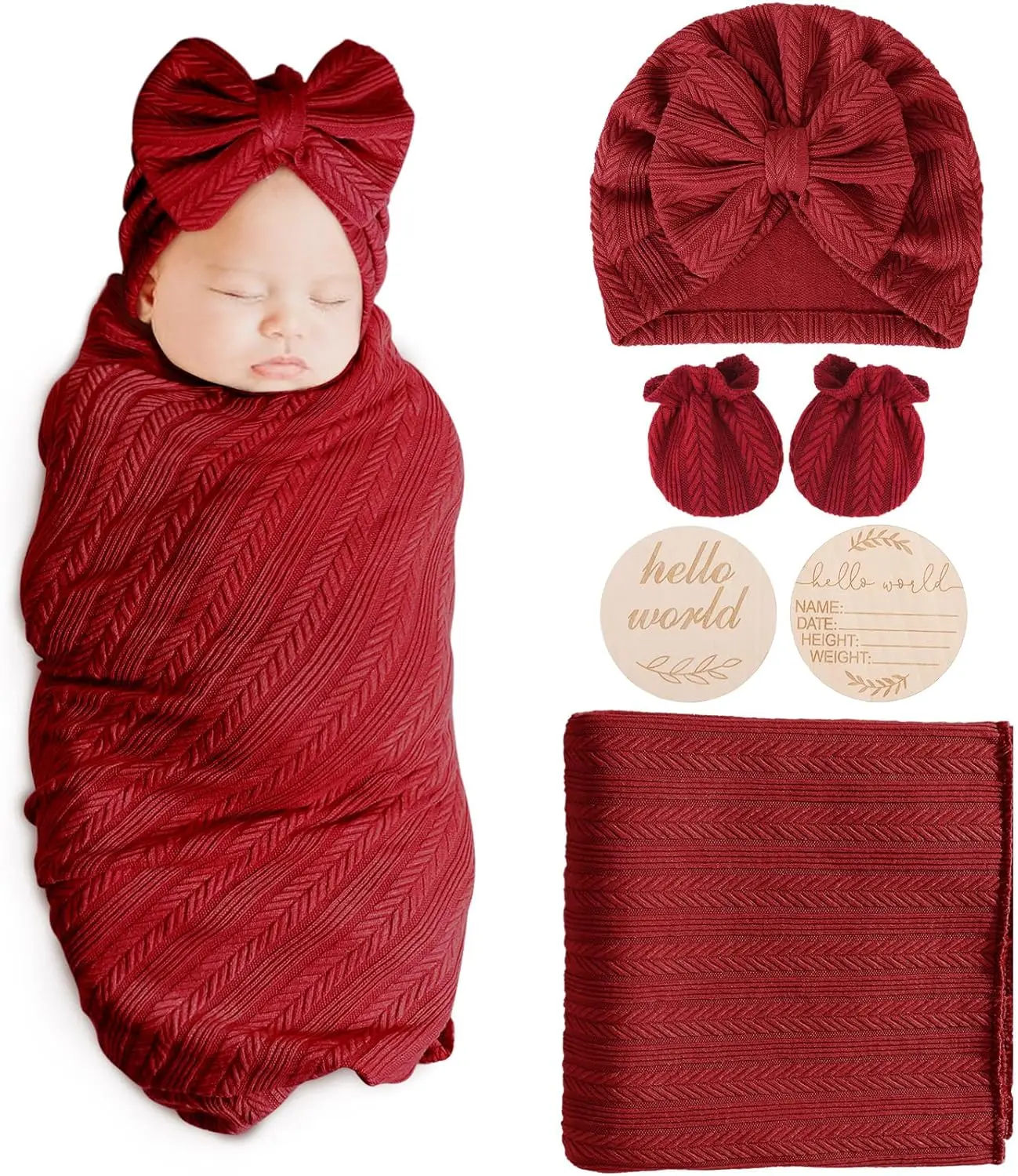 Newborn Receiving Blanket with Bow Hat Headband Wooden Card Set - Image 7