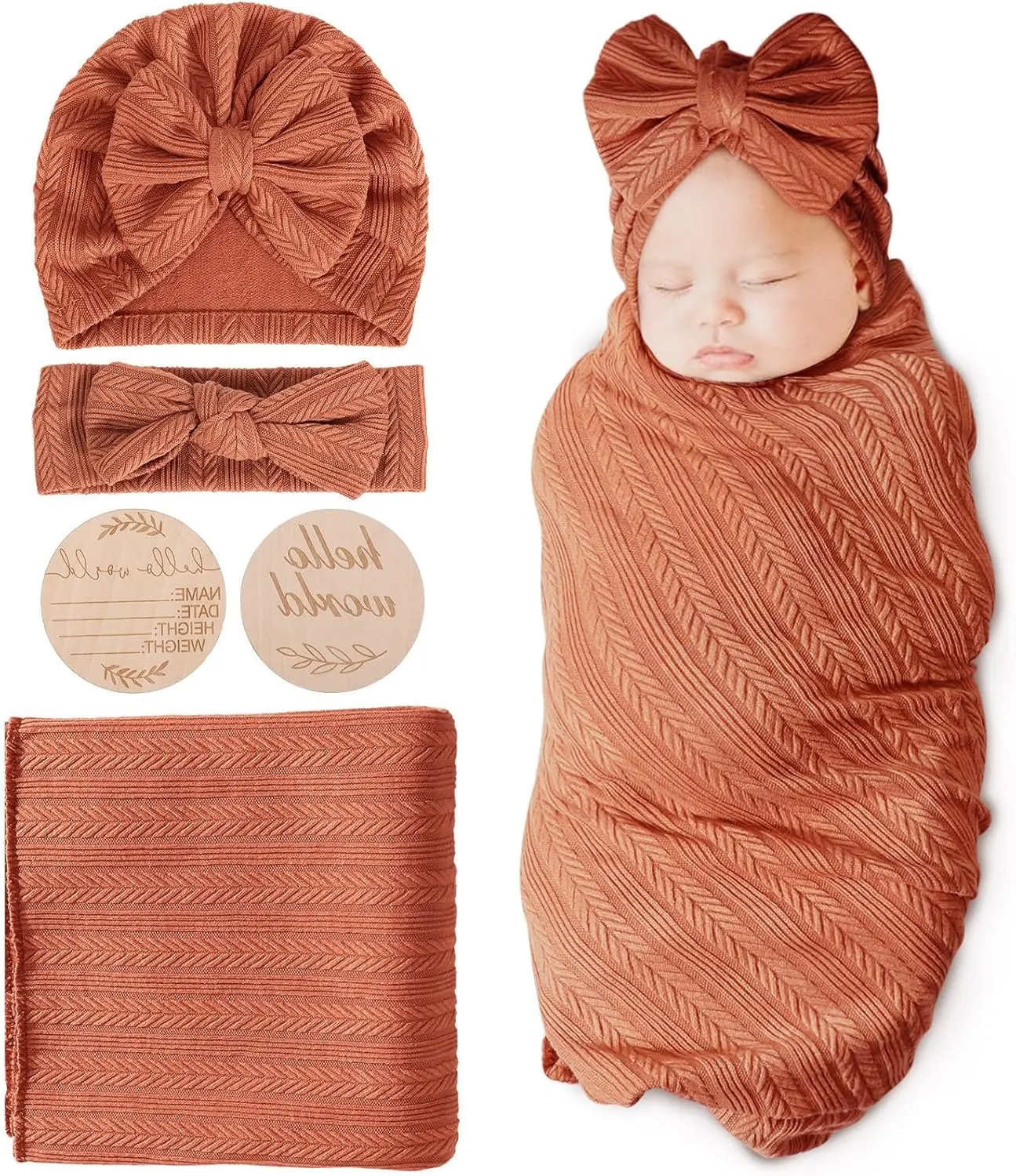 Newborn Receiving Blanket with Bow Hat Headband Wooden Card Set - Image 33