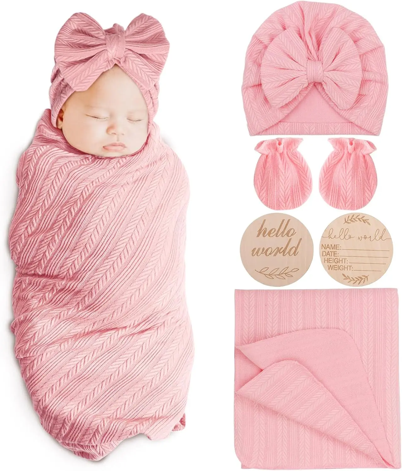 Newborn Receiving Blanket with Bow Hat Headband Wooden Card Set - Image 15