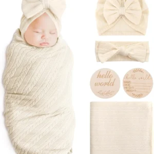 Newborn Receiving Blanket with Bow Hat Headband Wooden Card Set - Thumbnail Image 30