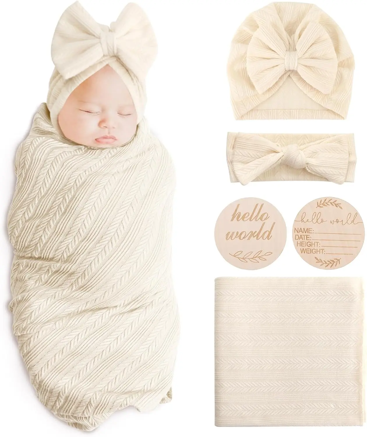 Newborn Receiving Blanket with Bow Hat Headband Wooden Card Set - Image 30