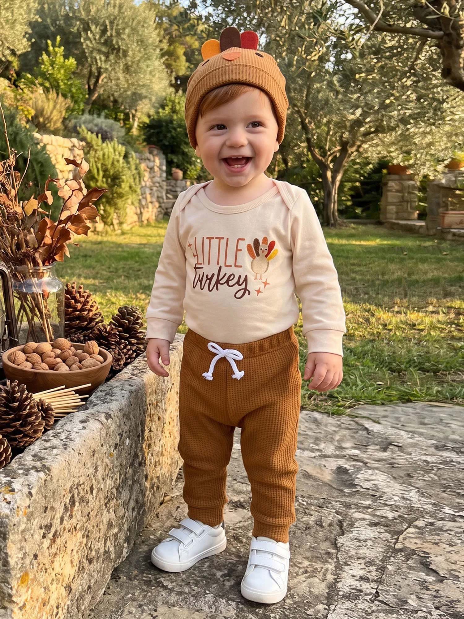 3 Piece Thanksgiving Outfit with Onesie, Pants and Hat - Image 5