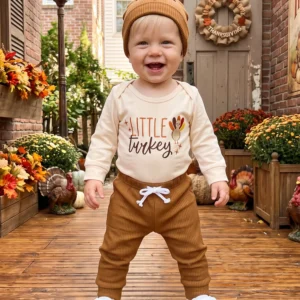 3 Piece Thanksgiving Outfit with Onesie, Pants and Hat - Thumbnail Image 4