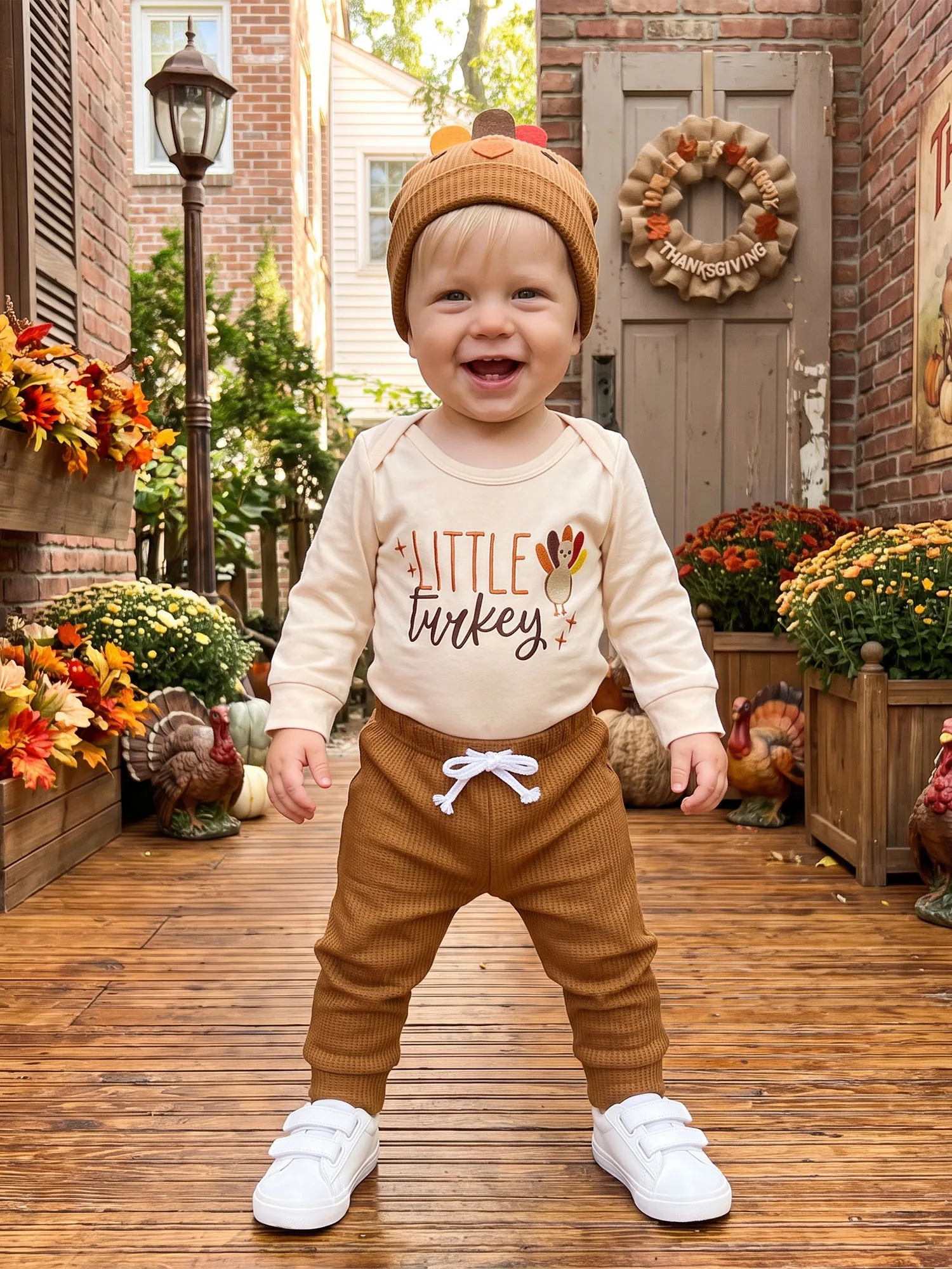3 Piece Thanksgiving Outfit with Onesie, Pants and Hat - Image 4