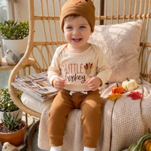3 Piece Thanksgiving Outfit with Onesie, Pants and Hat - Thumbnail Image 2