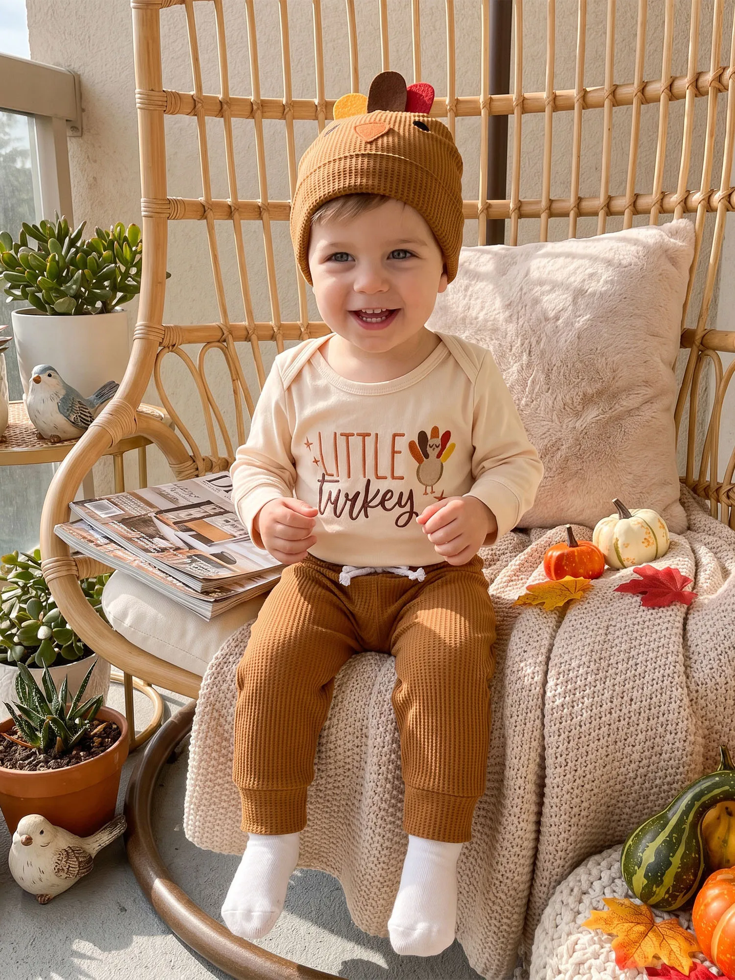 3 Piece Thanksgiving Outfit with Onesie, Pants and Hat - Image 2