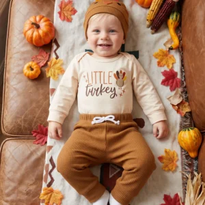 3 Piece Thanksgiving Outfit with Onesie, Pants and Hat - Thumbnail Image 3
